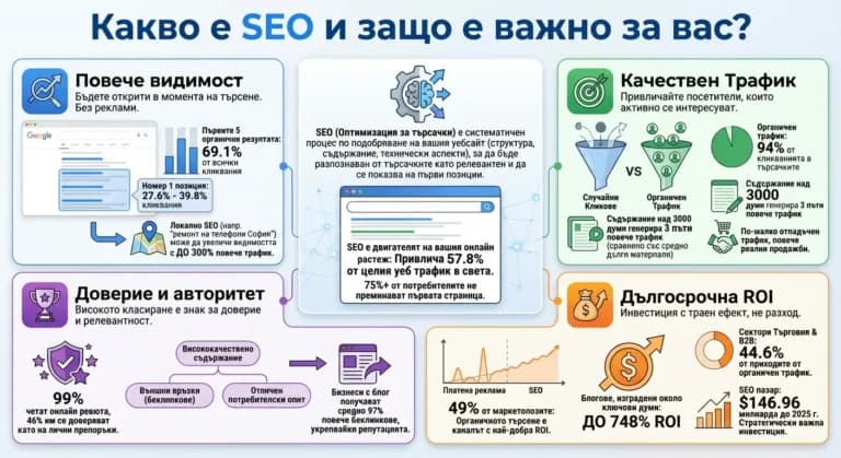 SEO services infographic — 4 key advantages: visibility, traffic, trust, ROI