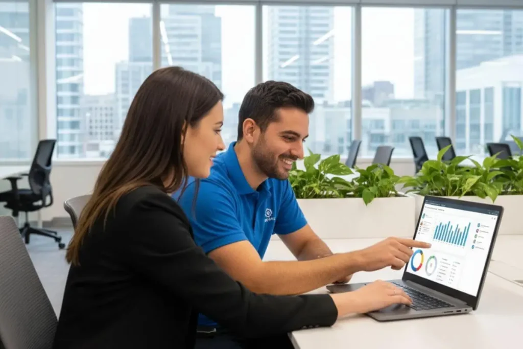 A technician explains data on a laptop to a client in a modern office setting, demonstrating collaboration and expert support.