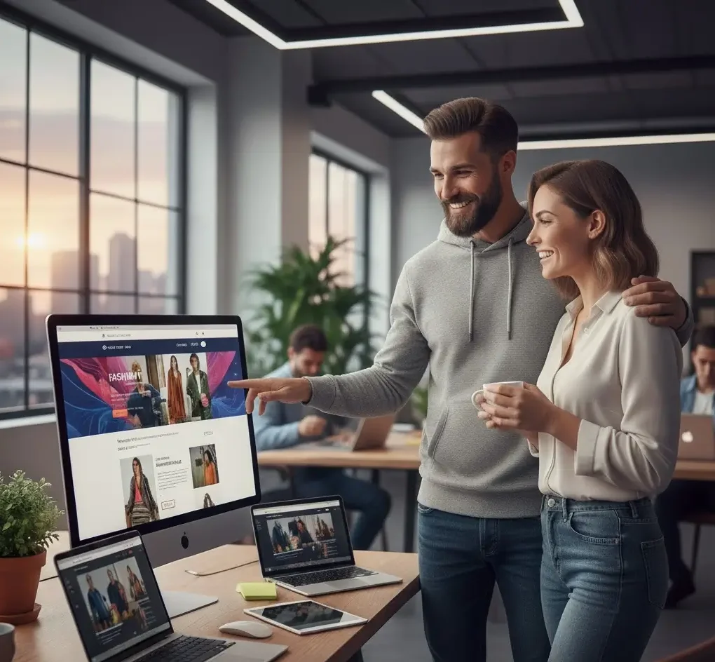 Уеб дизайнер показва изработен уебсайт на усмихнат и впечатлен клиент.