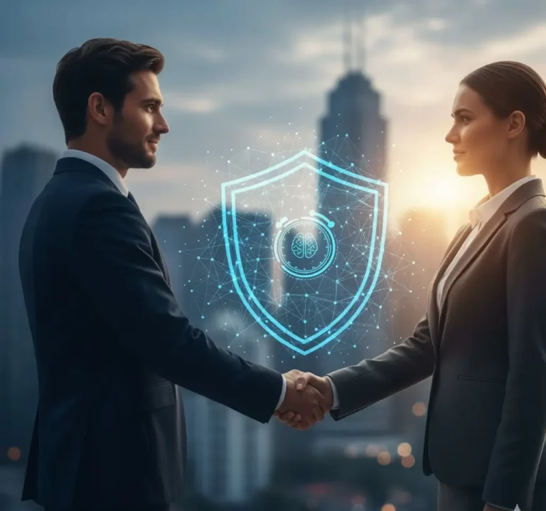 Digital marketing experts presenting a hologram dashboard with security icons and 100% quality guarantee badge.