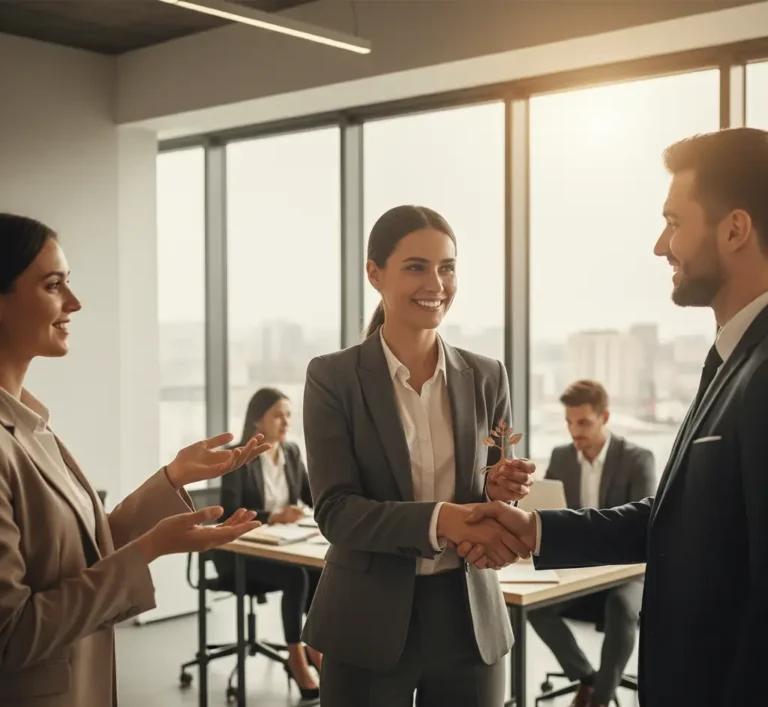 Business partners shaking hands with a glowing blue shield overlay, symbolizing security and professional reliability.