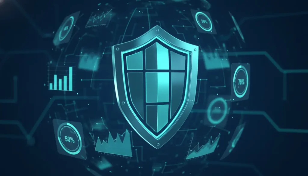 3d cyber security shield surrounded by floating analytic graphs