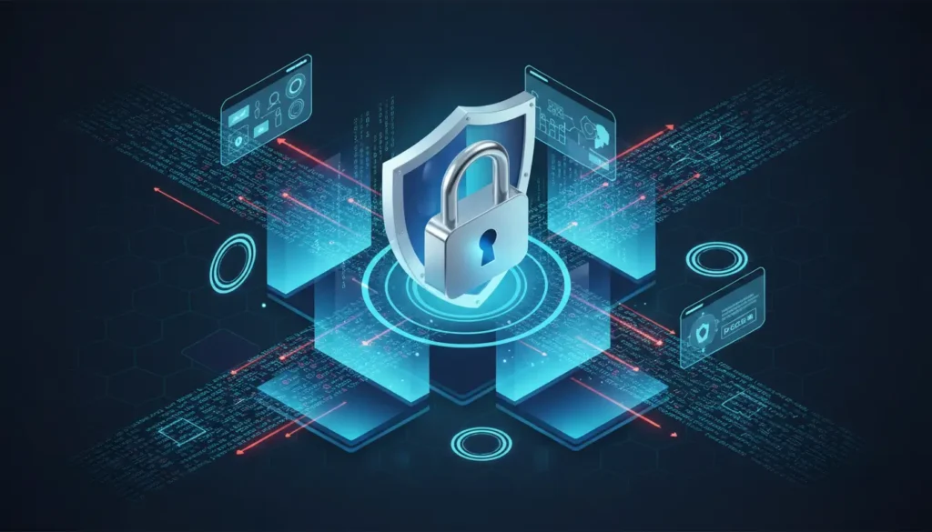 3D cyber shield illustration for website security