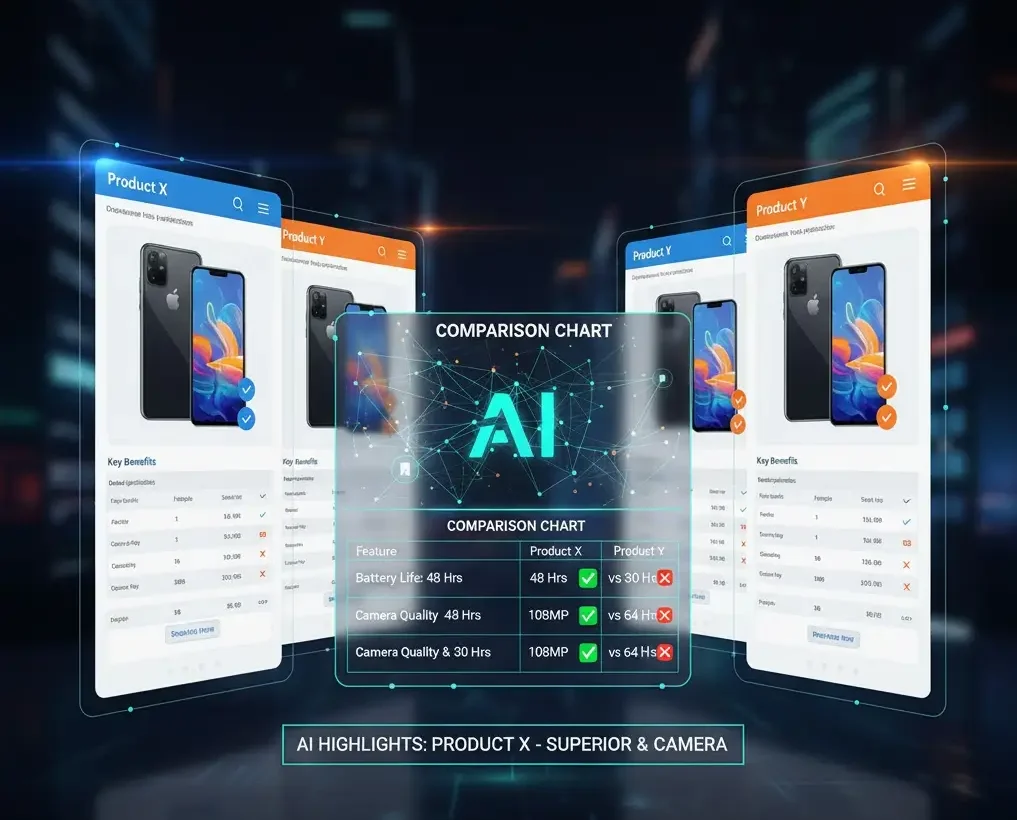 AI-driven product page comparison showing two mobile devices (Product X and Product Y) with specifications, key benefits, and a digital comparison table highlighting Google Shopping advantages.