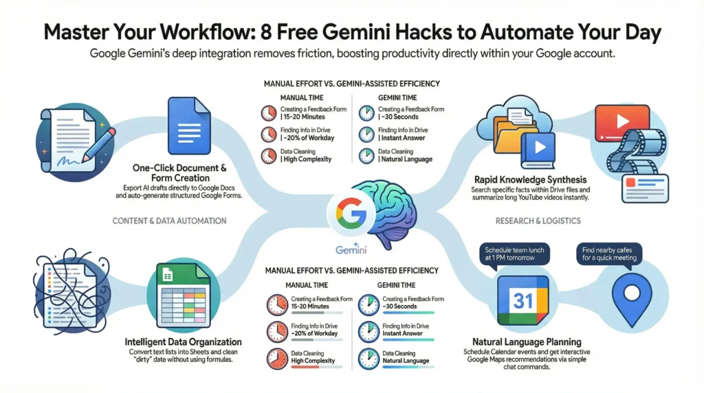 Infographic illustrating 8 free Google Gemini productivity features, showcasing its integration with Google Docs, Sheets, Drive, YouTube, Maps, and Calendar.