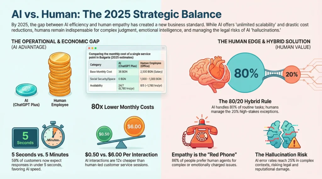 An infographic comparing AI Chatbots and human experts in customer service, highlighting the advantages of the 80/20 hybrid model for businesses in 2026.