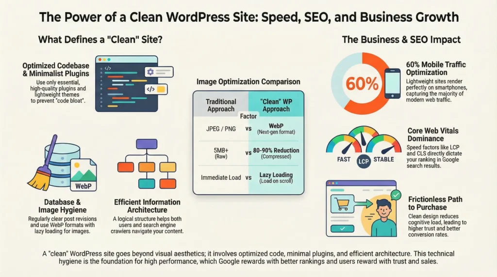 Infographic: The Clean WordPress Site – A Recipe for Speed and Business Success
This infographic outlines the four essential pillars of a high-performance website in 2026. Use these "ingredients" to transform your WordPress site from a digital burden into a powerful sales engine.