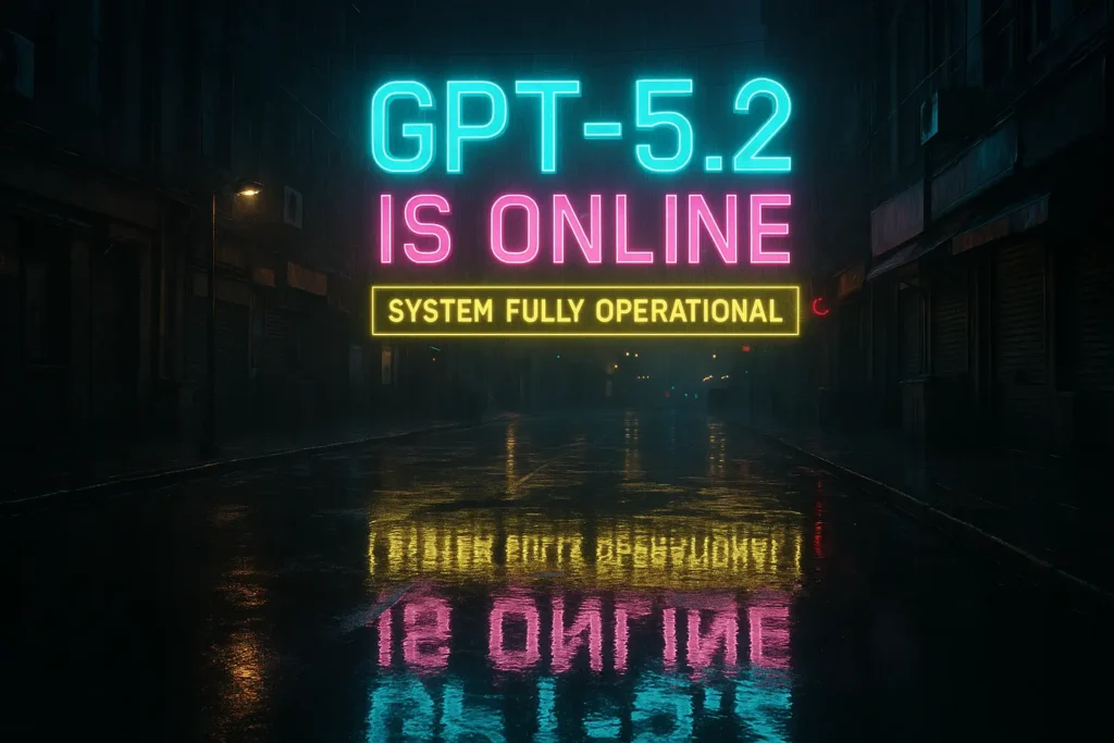 Дъждовна нощна неонова улица с надписи „ GPT-5.2 IS ONLINE“ и „System Fully Operational“, отразени в локви.