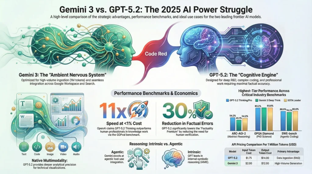 Infographic comparing GPT-5.2 and Gemini 3 Pro AI models