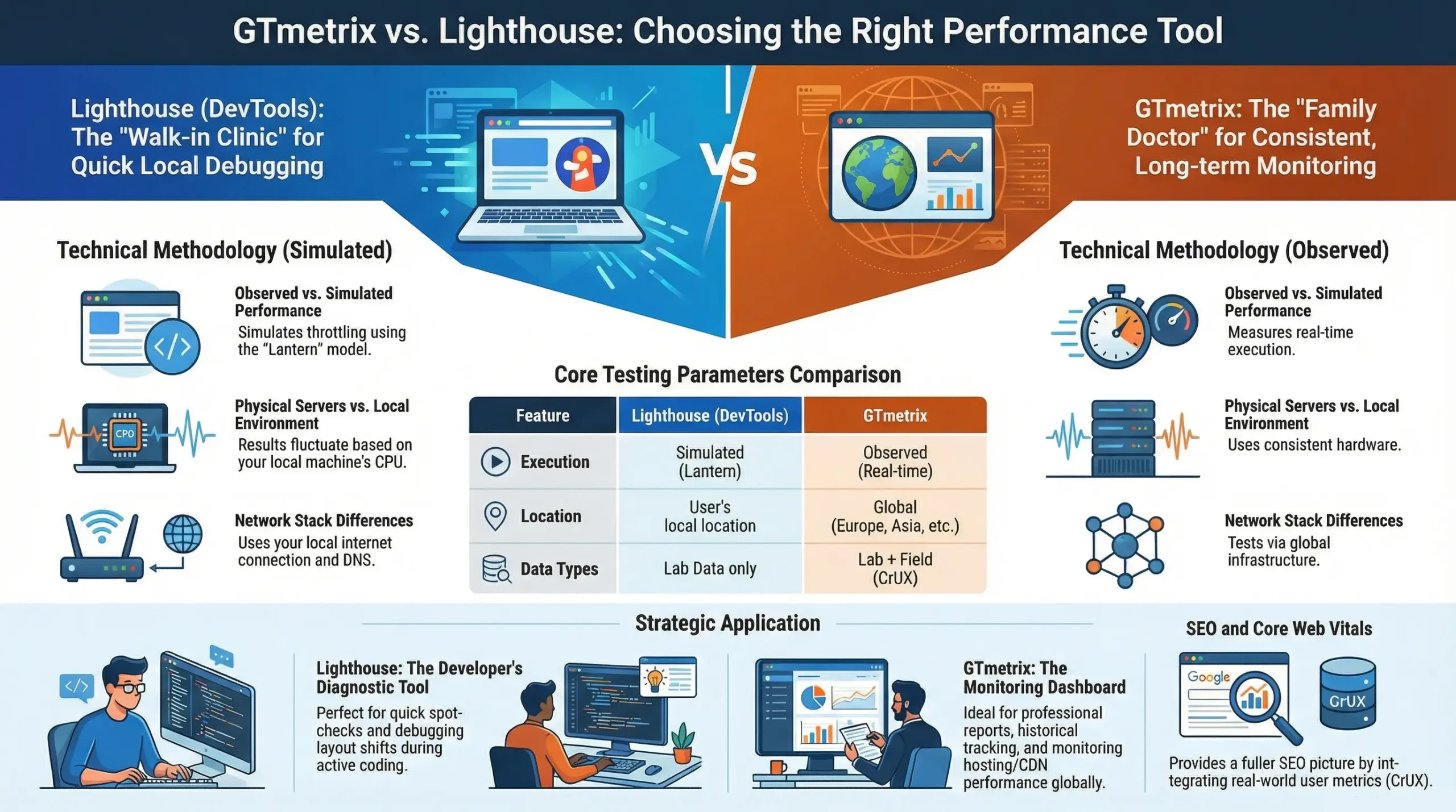 Lighthouse vs GTmetrix Infographic: Comparing the Two Leading Website Speed Measurement Tools.