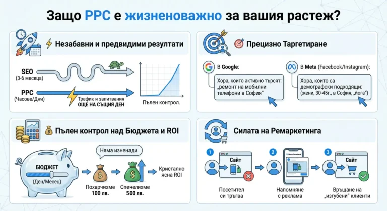 Инфографика, която показва ключовите предимства на PPC реклама за бизнеса.