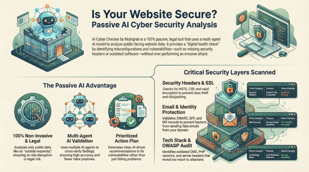 AI Cyber Checker Workflow: Detecting security gaps through passive AI analysis of public data and generating recommendations without invasive testing.