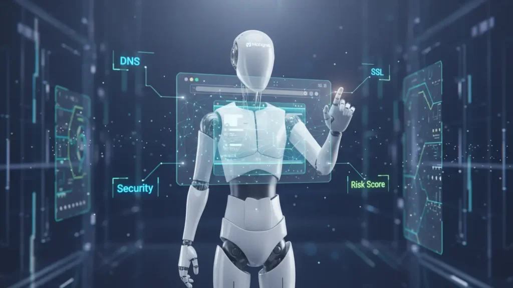 An AI agent analyzing a website hologram featuring DNS, SSL, and security headers for risk assessment and cybersecurity.