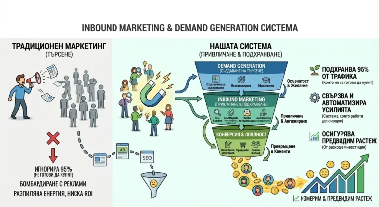 Инфографика, илюстрираща стратегията на Inbound Marketing, при която клиентите сами намират бизнеса.