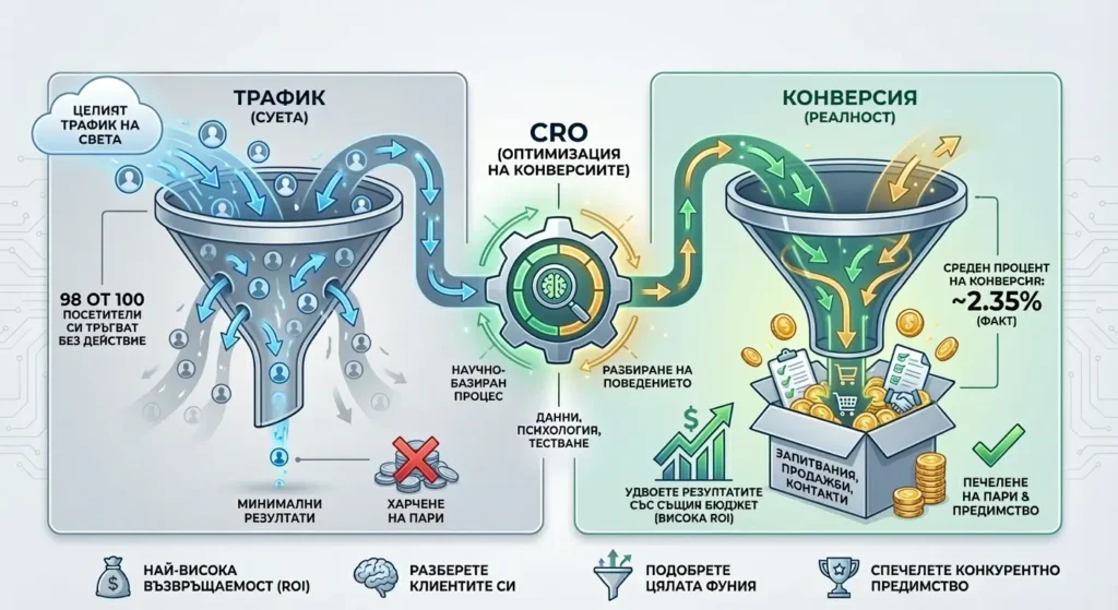 An illustration of the CRO (Conversion Rate Optimization) concept, featuring a sales funnel, data charts, and icons representing the journey from attracting visitors to closing sales.