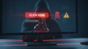 Човешка ръка с показалец, който е на милиметри от натискане на бутон "CLICK HERE" или отваряне на фишинг имейл.