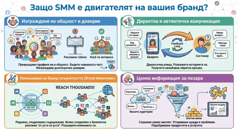 Инфографика, илюстрираща ключовите ползи на маркетинга в социалните мрежи (SMM) за изграждане на бранд.