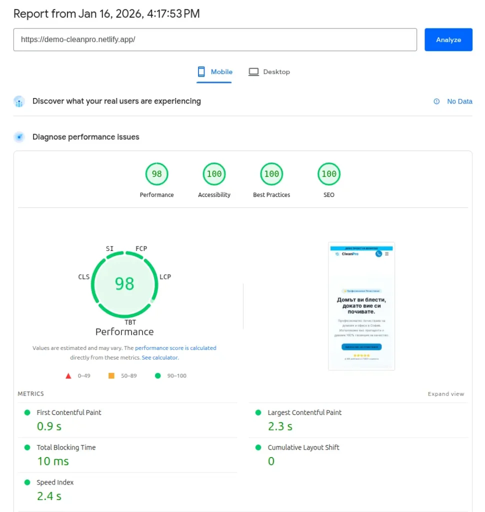 google mobile page speed for cleaning service website- scores 98/100/100/100