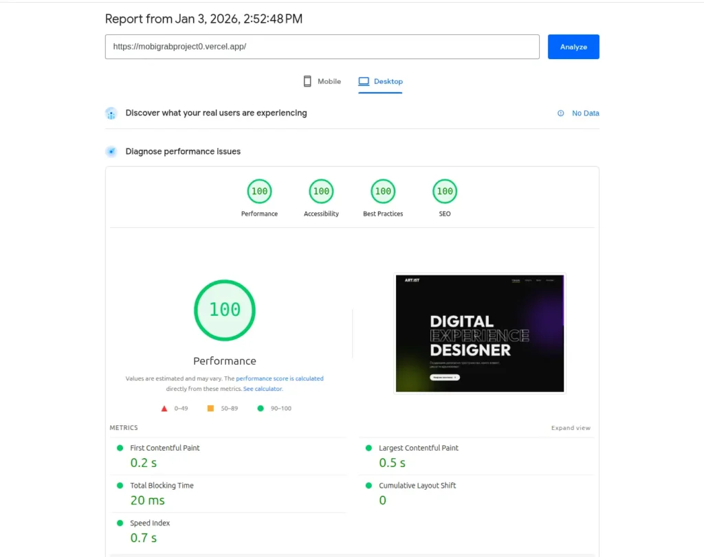 Google PageSpeed Insights results for the desktop version of our demo project, showing perfect speed and optimization metrics: 100 Performance, 100 Accessibility, 100 Best Practices, and 100 SEO.
