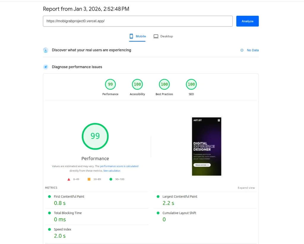 Google PageSpeed Insights results for the mobile version of our demo project, showing perfect speed and optimization metrics: 99 Performance, 100 Accessibility, 100 Best Practices, and 100 SEO.