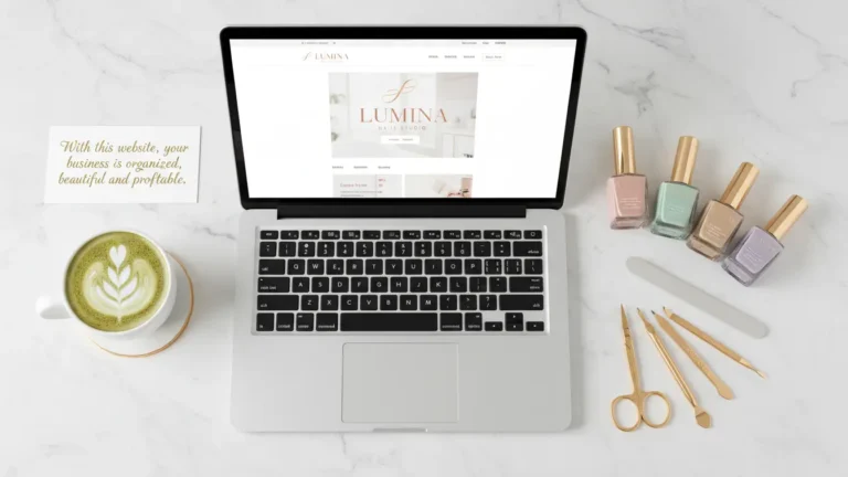 Professional Nail Salon Website template, Lumina Nails demo, on a laptop with manicure tools and cosmetics