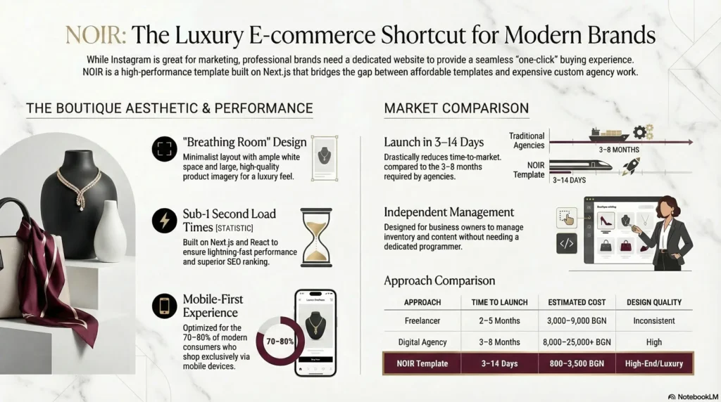 Infographic for NOIR: A luxury E-commerce Next.js template. Comparison of web development costs and timelines: 3-14 days launch, €400-€1800 cost, featuring sub-1 second load times and mobile-first boutique design.